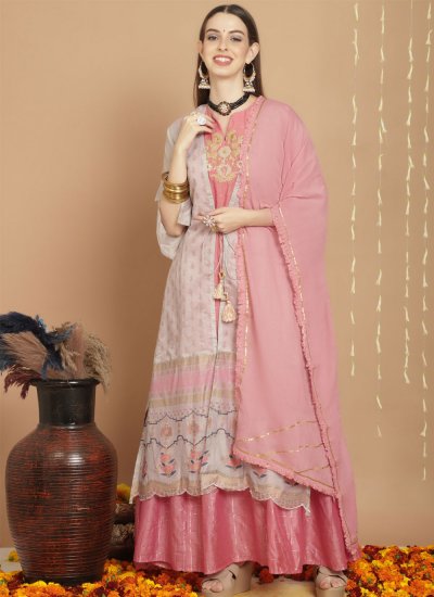 Classical Chanderi Silk Grey and Pink Embroidered Trendy Lehenga Choli