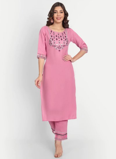 Congenial Pink Embroidered Cotton Readymade Salwar Kameez