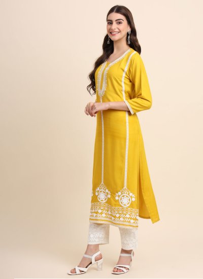 Conspicuous Rayon Yellow Embroidered Party Wear Kurti