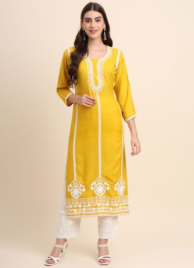 Conspicuous Rayon Yellow Embroidered Party Wear Kurti
