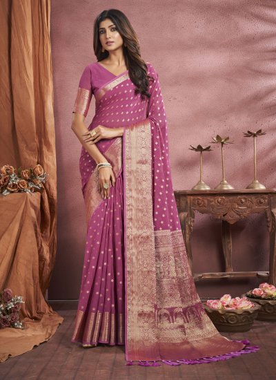 Contemporary Saree Weaving Georgette in Pink