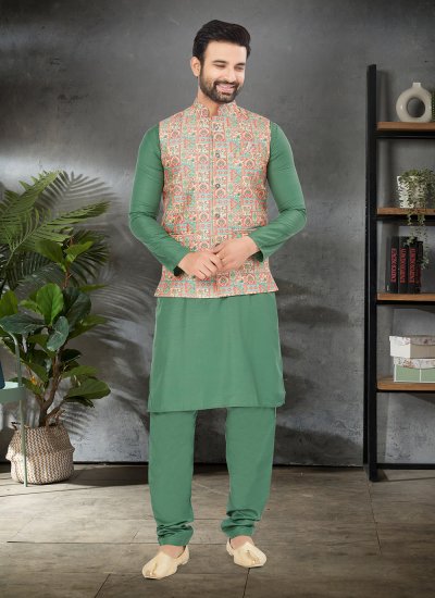 Cotton Digital Print Green and Multi Colour Kurta Payjama With Jacket