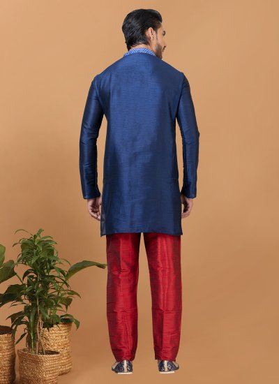 Cotton Digital Print Kurta Pyjama in Navy Blue
