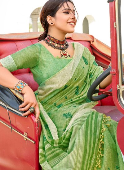Cotton Embroidered Classic Saree in Green
