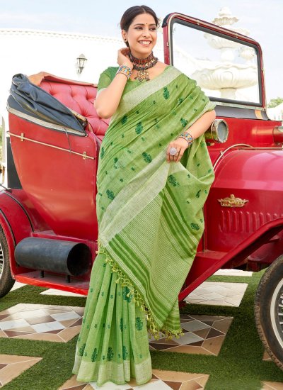Cotton Embroidered Classic Saree in Green