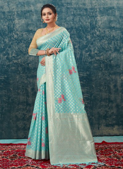 Cotton Turquoise Fancy Classic Designer Saree