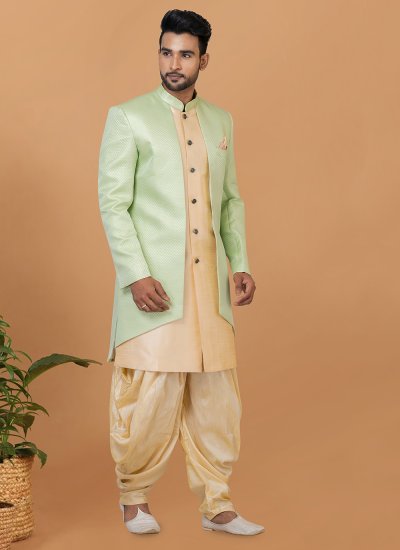 Cream and Green Jacquard Silk Fancy Indo Western Sherwani