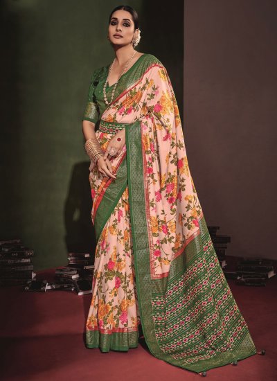 Cream and Green Tussar Silk Casual Trendy Saree