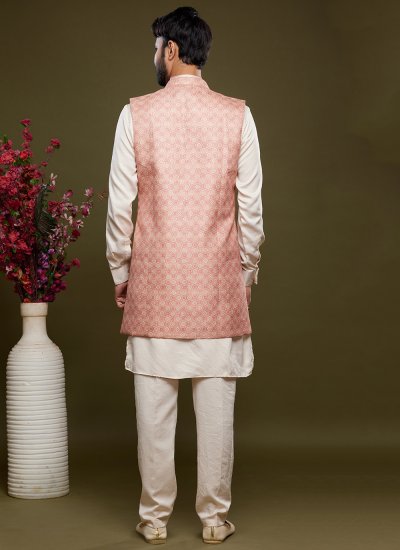 Cream and Pink Digital Print Kurta Payjama With Jacket