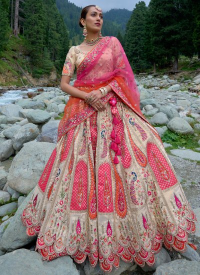 Buy Resham Art Silk Lehenga Choli In Cream And Pink | Wedding Lehenga Choli