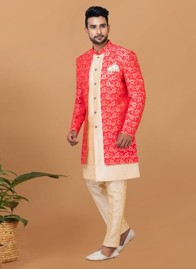 Cream and Red Fancy Jacquard Silk Indo Western Sherwani