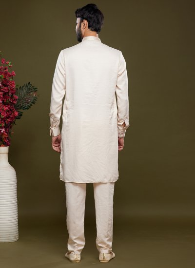 Cream Mehndi Art Banarasi Silk Kurta Pyjama
