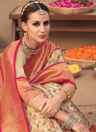 Cream Silk Woven Trendy Saree