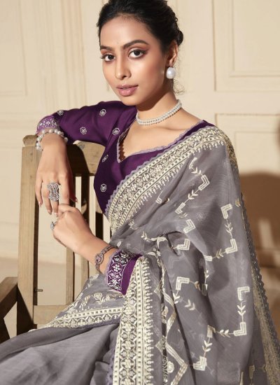 Dainty Embroidered Grey Classic Saree