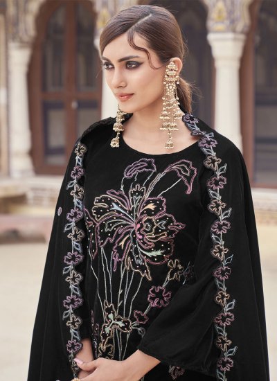 Delightful Black Velvet Palazzo Salwar Suit