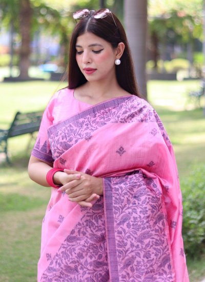Delightful Pink Woven Trendy Saree