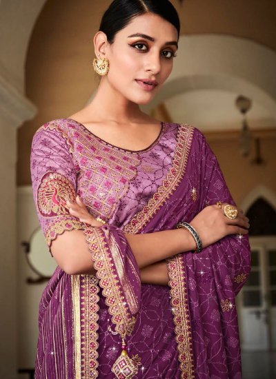 Designer Saree Embroidered Silk in Purple