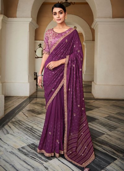 Designer Saree Embroidered Silk in Purple