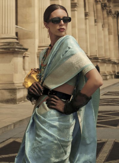 Designer Saree Weaving Handloom silk in Aqua Blue