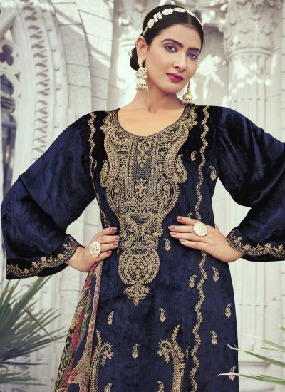 Desirable Navy Blue Embroidered Velvet Designer Salwar Suit