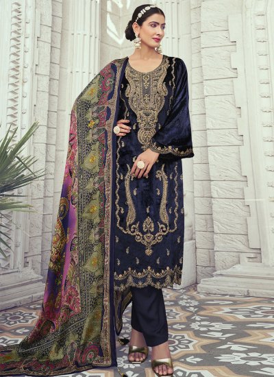 Desirable Navy Blue Embroidered Velvet Designer Salwar Suit