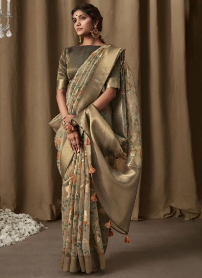 Digital Print Banarasi Jacquard Designer Saree in Grey