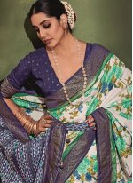 Distinguishable Tussar Silk Blue and Off White Printed Contemporary Style Saree