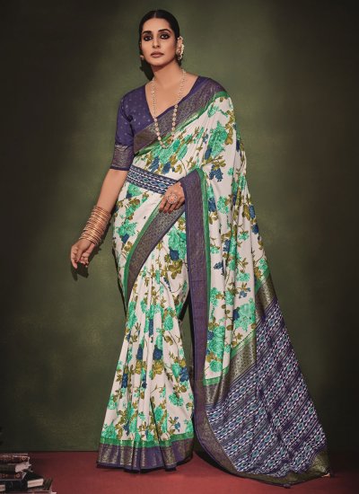 Distinguishable Tussar Silk Blue and Off White Printed Contemporary Style Saree