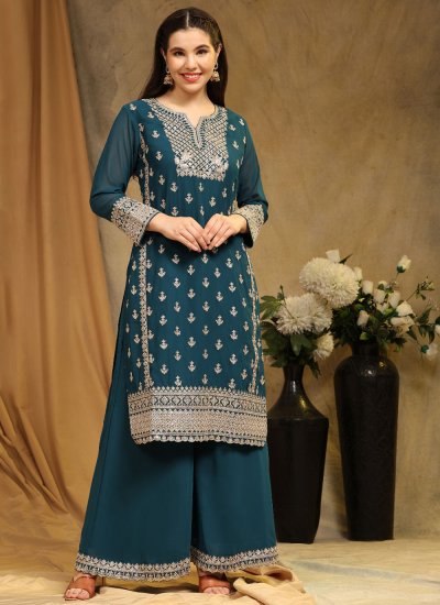 Divine Embroidered Blue Palazzo Salwar Suit 