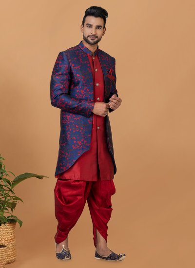 Dupion Silk Blue and Red Fancy Indo Western Sherwani