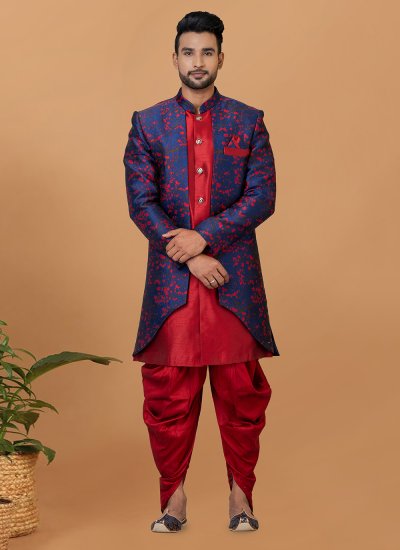 Dupion Silk Blue and Red Fancy Indo Western Sherwani