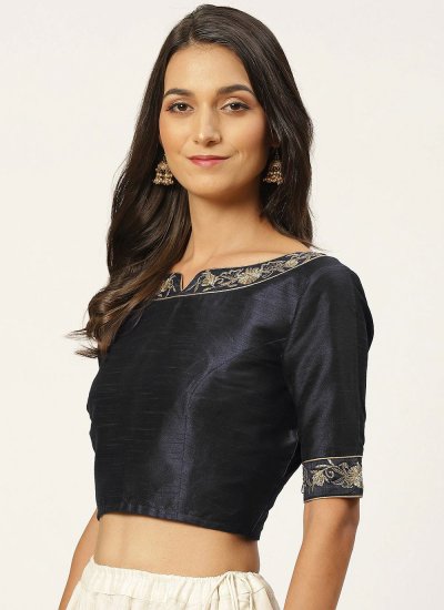 Dupion Silk Embroidered Blouse in Black
