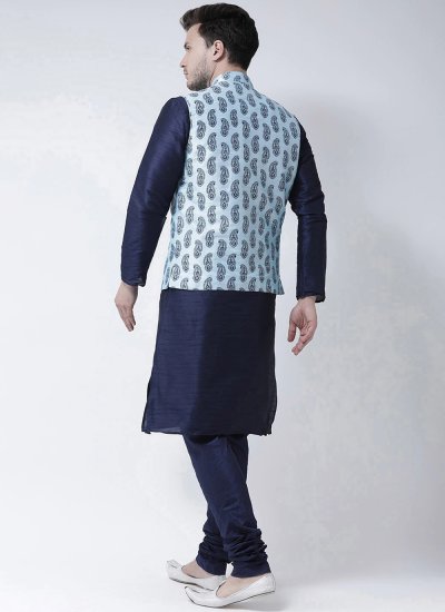 Dupion Silk Printed Kurta Payjama With Jacket in Navy Blue and Turquoise