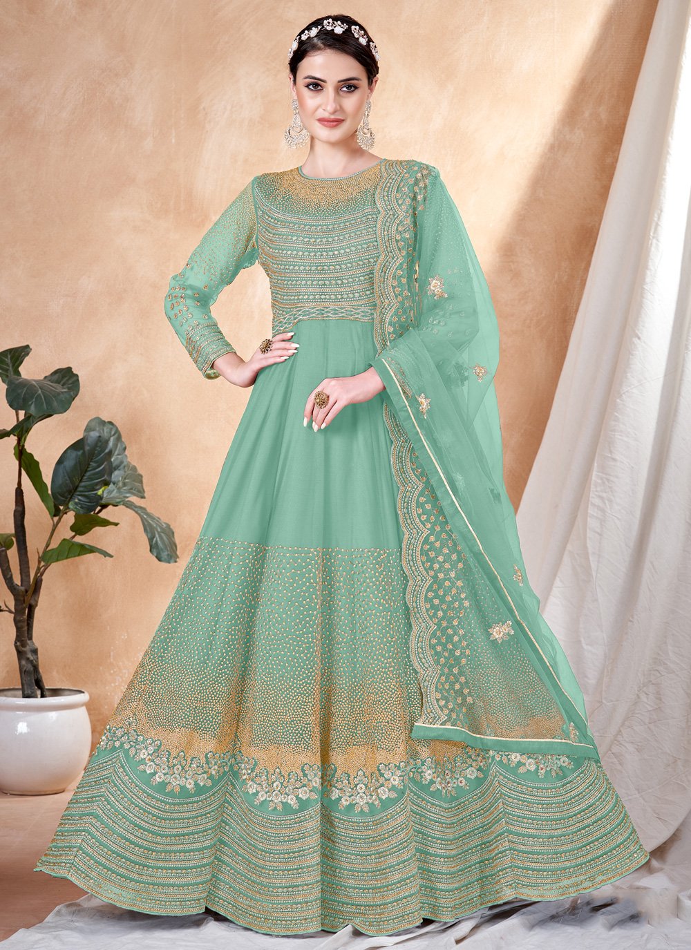 green emerald velvet dress Sea Green Embroidered Anarkali Salwar Kameez main image 0