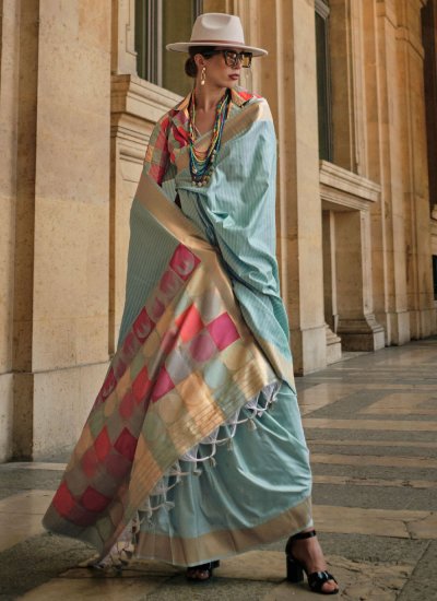 Elite Aqua Blue Weaving Handloom silk Designer Saree