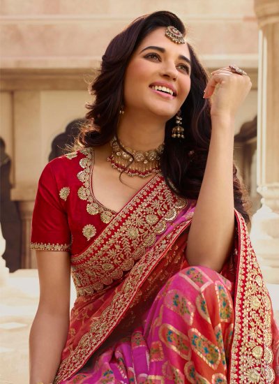 Embroidered Chanderi Classic Saree in Pink and Red