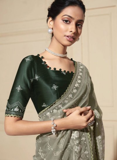 Embroidered Chiffon Saree in Green