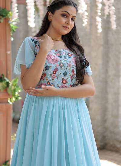 Embroidered Faux Georgette Designer Gown in Aqua Blue