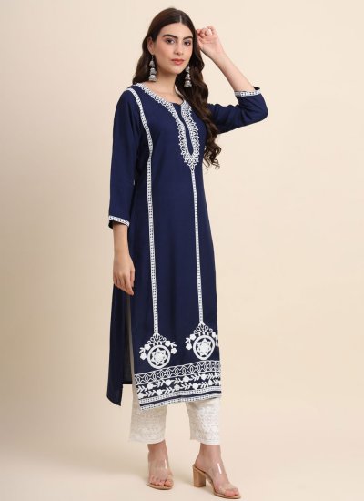 Embroidered Rayon Designer Kurti in Blue