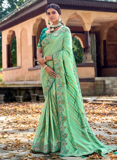 Grandiose Embroidered Sea Green Silk Lehenga Style Saree