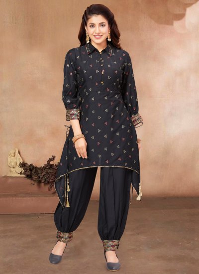 Embroidered Silk Trendy Salwar Suit in Black