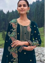 Embroidered Velvet Trendy Salwar Kameez in Teal