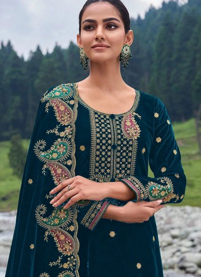 Embroidered Velvet Trendy Salwar Kameez in Teal