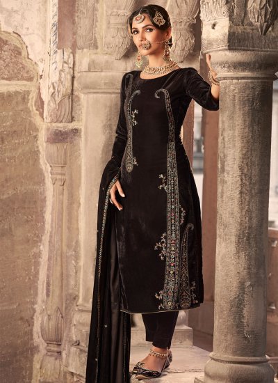 Embroidered Velvet Trendy Suit in Brown