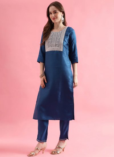Enchanting Embroidered Silk Blend Blue Salwar Kameez