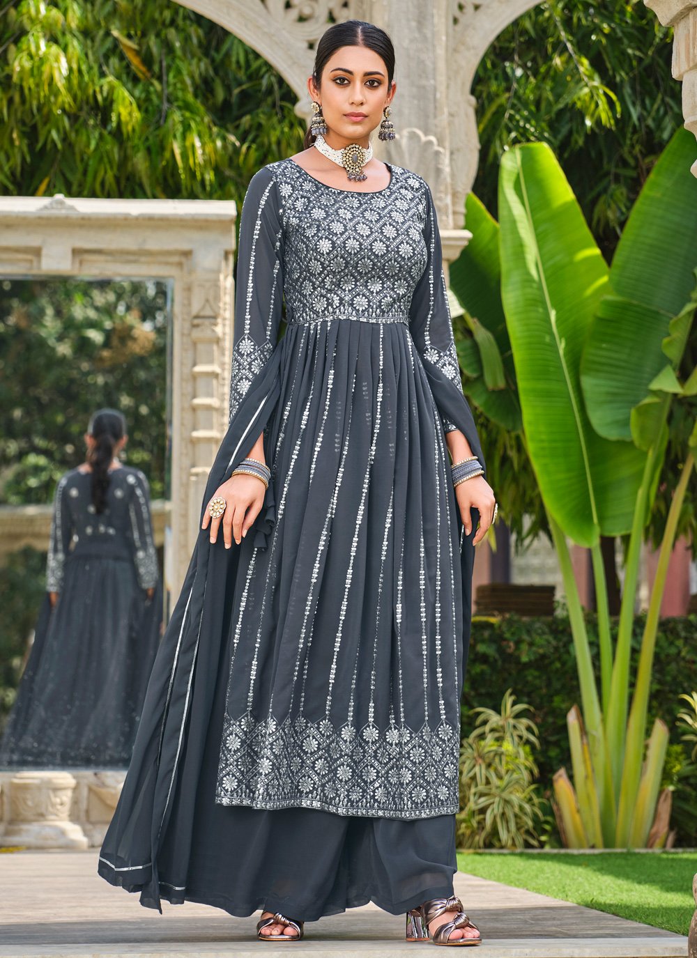 Engrossing Faux Georgette Engagement Palazzo Salwar Kameez -