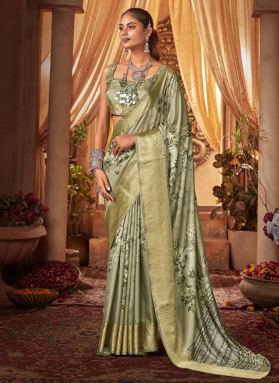 Engrossing Floral Print Green Tussar Silk Casual Saree