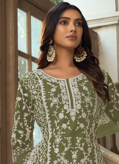 Engrossing Net Green Embroidered Palazzo Salwar Suit