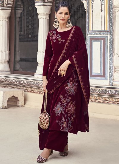 Enticing Sequins Velvet Maroon Trendy Salwar Kameez