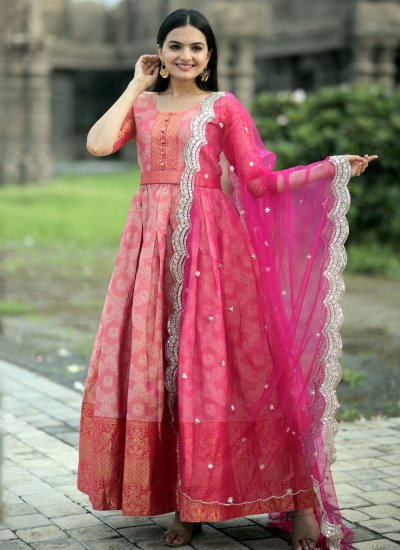 Ethnic Weaving Kanjivaram Silk Pink Gown 